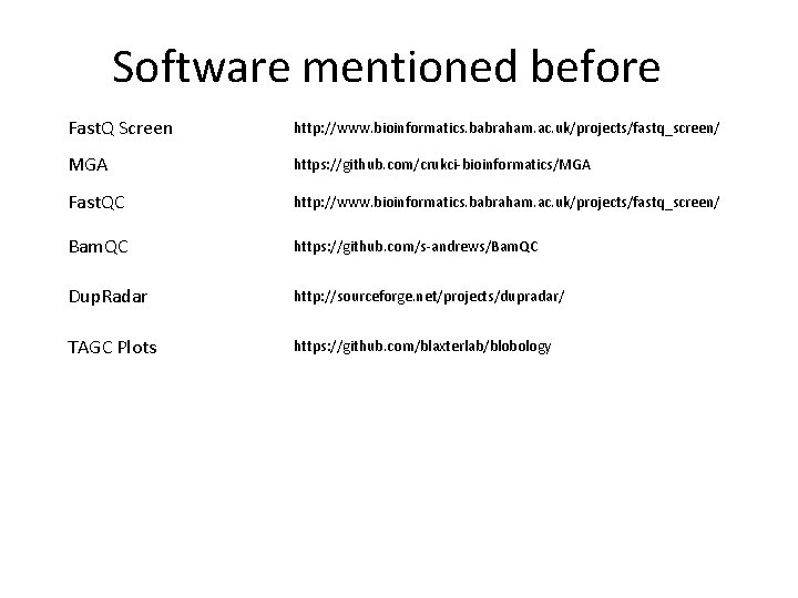 Software mentioned before Fast. Q Screen http: //www. bioinformatics. babraham. ac. uk/projects/fastq_screen/ MGA https: