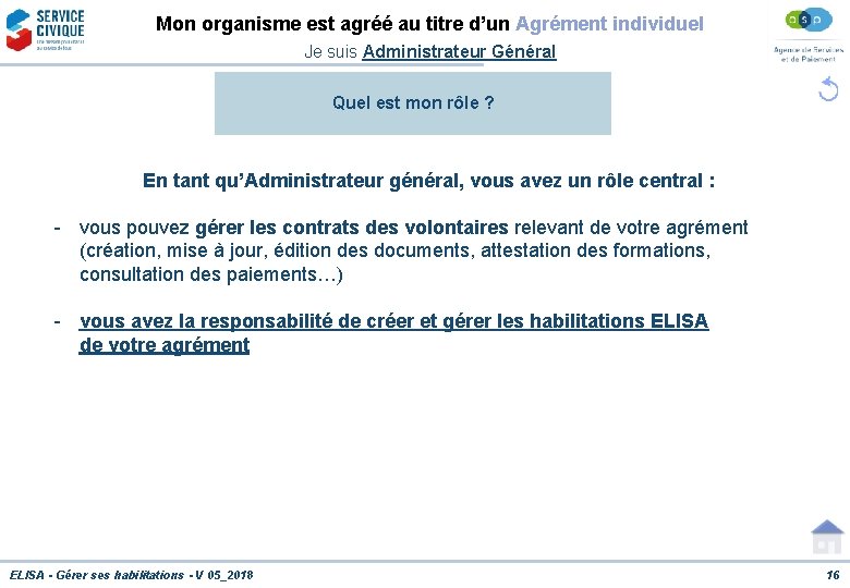 Mon organisme est agréé au titre d’un Agrément individuel Je suis Administrateur Général Quel