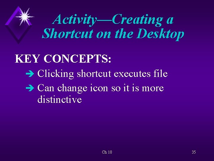 Activity—Creating a Shortcut on the Desktop KEY CONCEPTS: è Clicking shortcut executes file è
