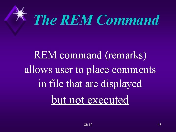 The REM Command REM command (remarks) allows user to place comments in file that