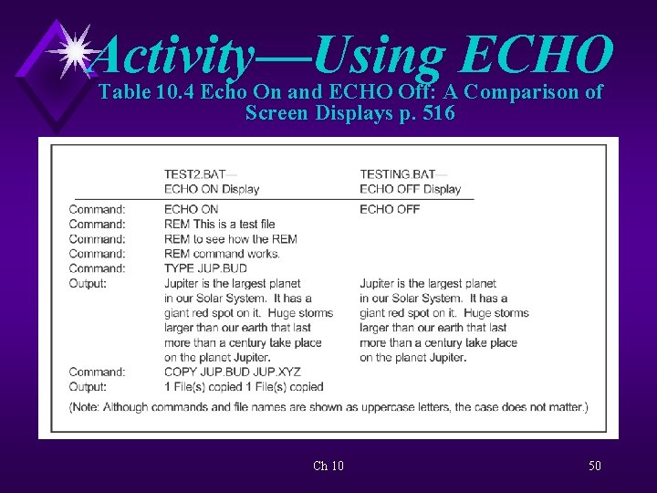 Activity—Using ECHO Table 10. 4 Echo On and ECHO Off: A Comparison of Screen