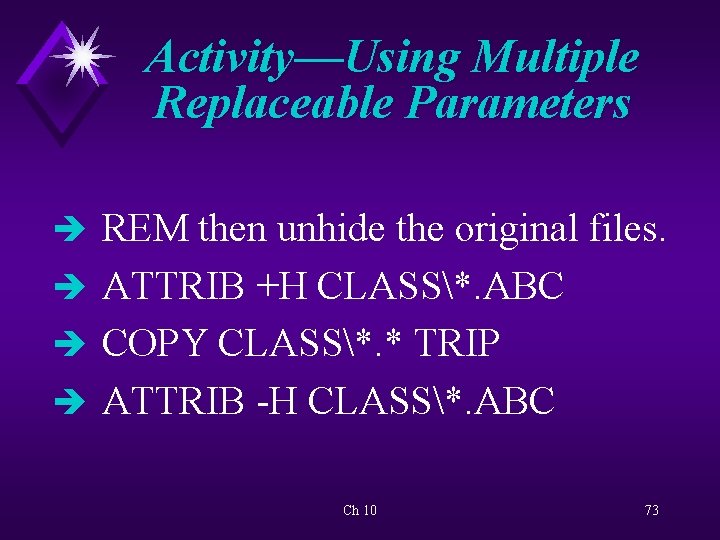 Activity—Using Multiple Replaceable Parameters è REM then unhide the original files. è ATTRIB +H