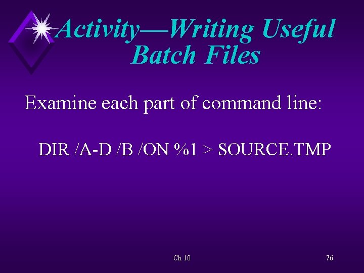 Activity—Writing Useful Batch Files Examine each part of command line: DIR /A-D /B /ON
