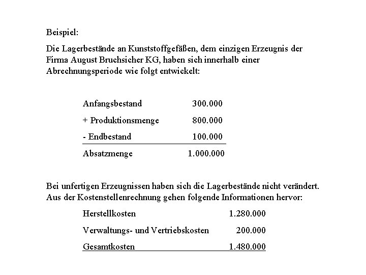 Beispiel: Die Lagerbestände an Kunststoffgefäßen, dem einzigen Erzeugnis der Firma August Bruchsicher KG, haben