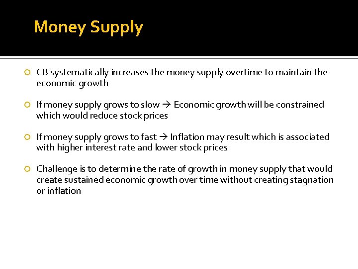 Money Supply CB systematically increases the money supply overtime to maintain the economic growth