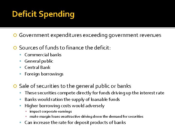 Deficit Spending Government expenditures exceeding government revenues Sources of funds to finance the deficit: