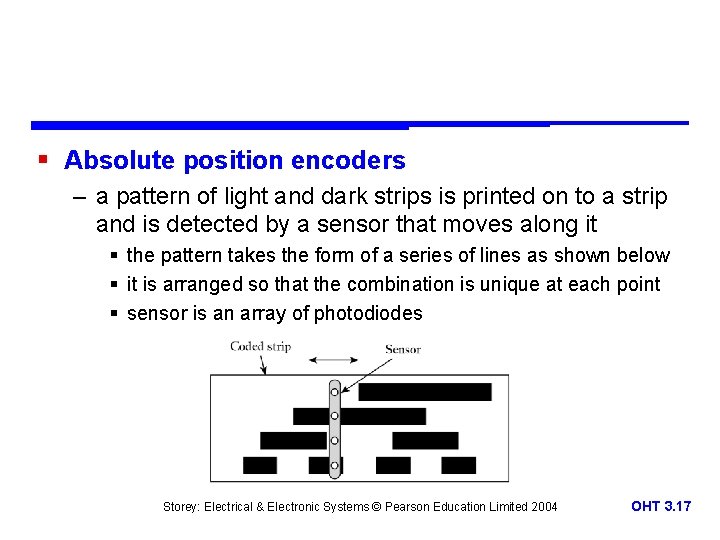 § Absolute position encoders – a pattern of light and dark strips is printed § Absolute position encoders – a pattern of light and dark strips is printed