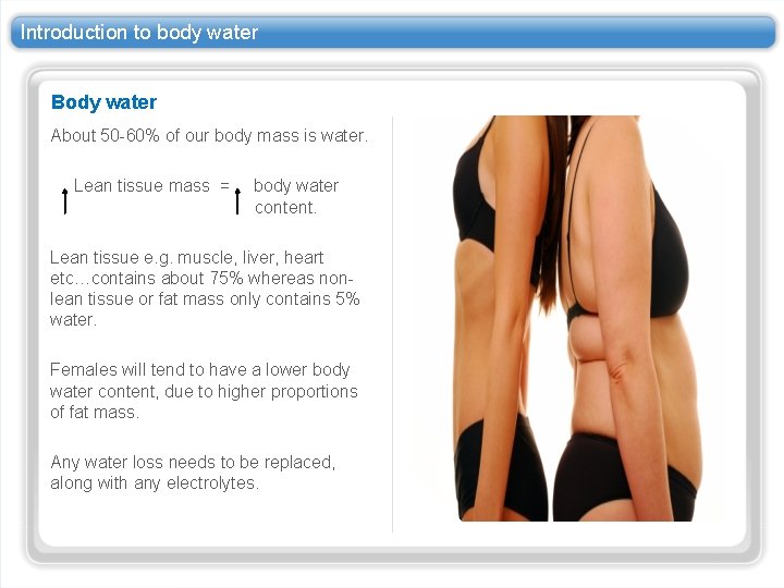 Introduction to body water Body water About 50 -60% of our body mass is