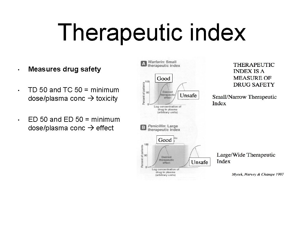 Therapeutic index • Measures drug safety • TD 50 and TC 50 = minimum