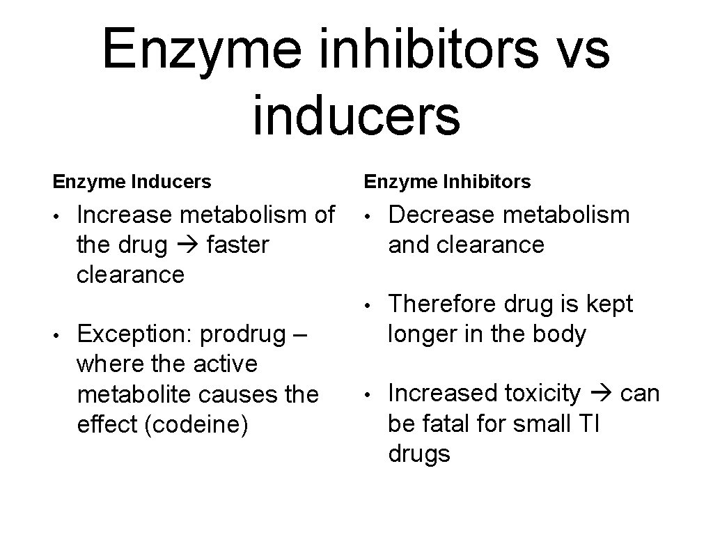 Enzyme inhibitors vs inducers Enzyme Inducers • • Increase metabolism of the drug faster