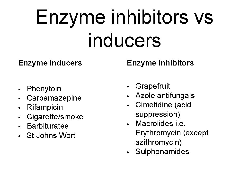 Enzyme inhibitors vs inducers Enzyme inducers • • • Phenytoin Carbamazepine Rifampicin Cigarette/smoke Barbiturates