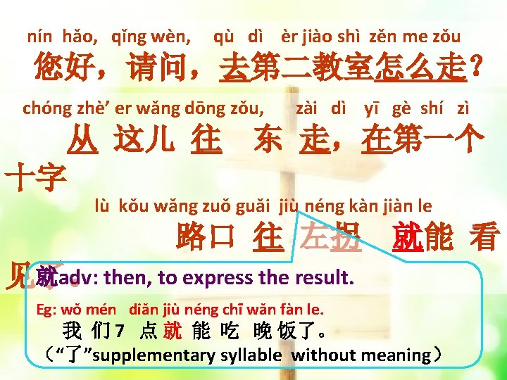 nín hǎo, qǐng wèn, qù dì èr jiào shì zěn me zǒu 您好，请问，去第二教室怎么走？ chóng