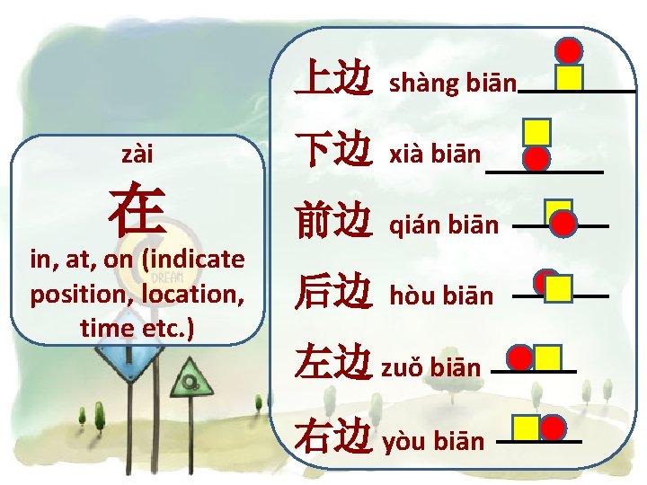 上边 shàng biān zài 下边 xià biān 在 前边 in, at, on (indicate position,