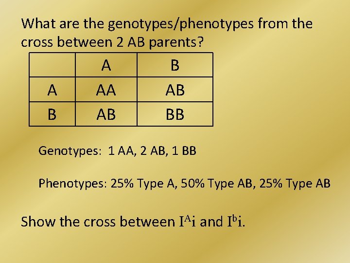What are the genotypes/phenotypes from the cross between 2 AB parents? A B A