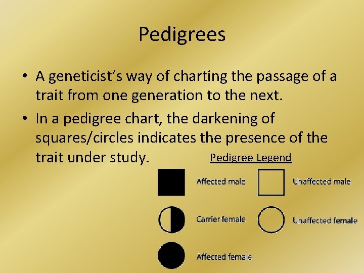 Pedigrees • A geneticist’s way of charting the passage of a trait from one