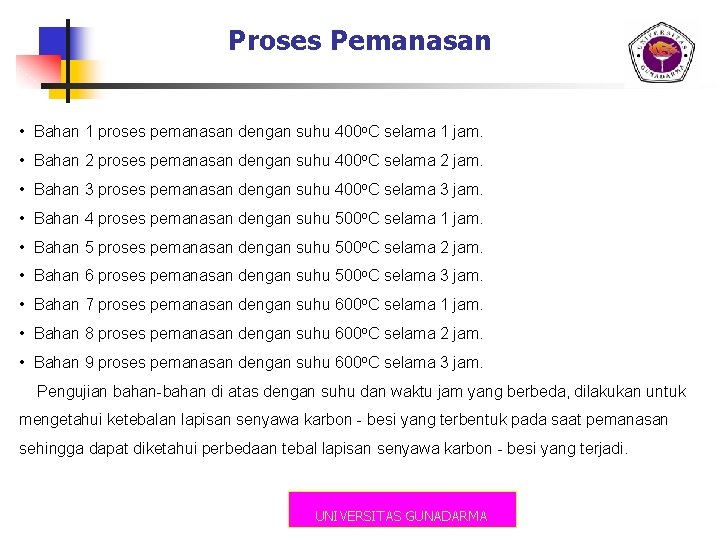 Proses Pemanasan • Bahan 1 proses pemanasan dengan suhu 400 o. C selama 1