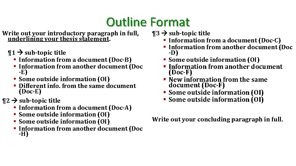 Outline Format Write out your introductory paragraph in full, underlining your thesis statement. ¶