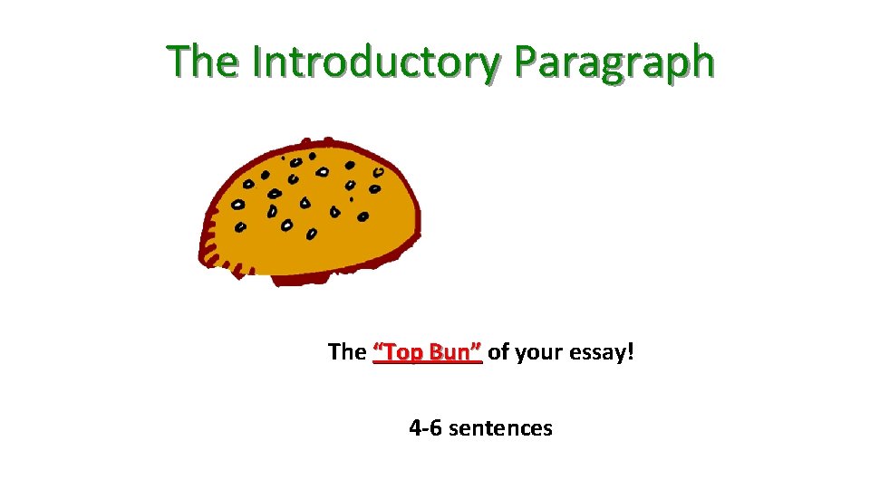 The Introductory Paragraph The “Top Bun” of your essay! 4 -6 sentences The Introductory Paragraph The “Top Bun” of your essay! 4 -6 sentences