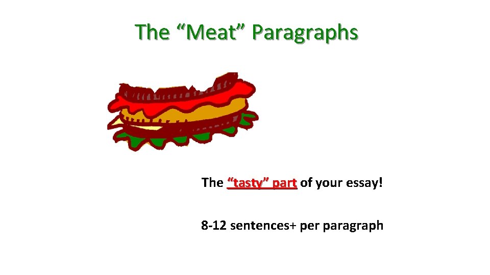 The “Meat” Paragraphs The “tasty” part of your essay! 8 -12 sentences+ per paragraph The “Meat” Paragraphs The “tasty” part of your essay! 8 -12 sentences+ per paragraph