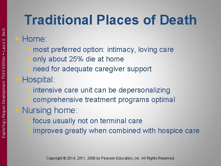 Exploring Lifespan Development Third Edition Laura E. Berk Traditional Places of Death § Home: