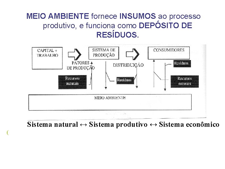 MEIO AMBIENTE fornece INSUMOS ao processo produtivo, e funciona como DEPÓSITO DE RESÍDUOS. Sistema