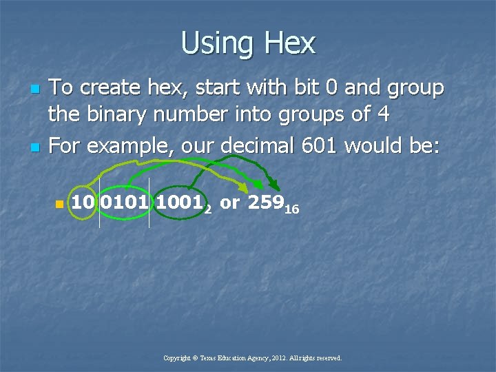 Using Hex n n To create hex, start with bit 0 and group the