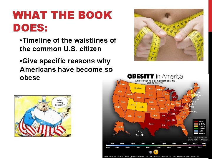 WHAT THE BOOK DOES: • Timeline of the waistlines of the common U. S.