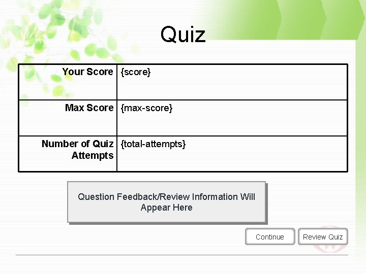 Quiz Your Score {score} Max Score {max-score} Number of Quiz {total-attempts} Attempts Question Feedback/Review