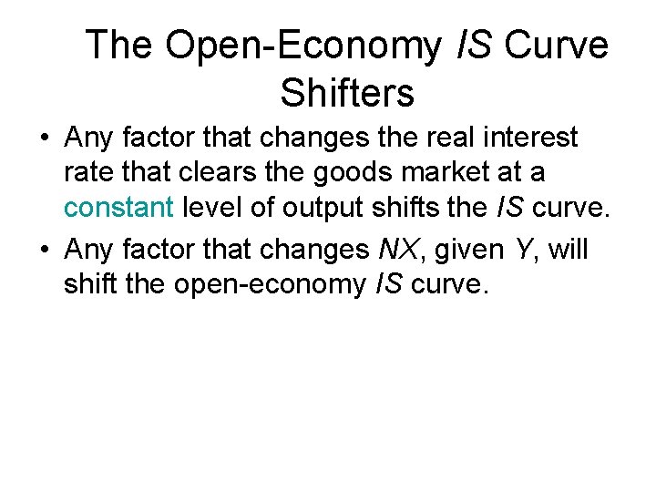 The Open-Economy IS Curve Shifters • Any factor that changes the real interest rate