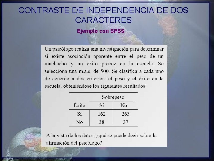 CONTRASTE DE INDEPENDENCIA DE DOS CARACTERES Ejemplo con SPSS 