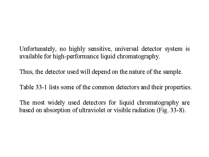 Unfortunately, no highly sensitive, universal detector system is available for high-performance liquid chromatography. Thus,