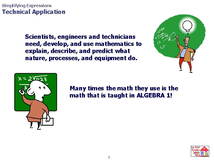 Simplifying Expressions Technical Application Scientists, engineers and technicians need, develop, and use mathematics to Simplifying Expressions Technical Application Scientists, engineers and technicians need, develop, and use mathematics to