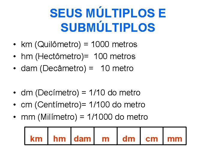 SEUS MÚLTIPLOS E SUBMÚLTIPLOS • km (Quilômetro) = 1000 metros • hm (Hectômetro)= 100