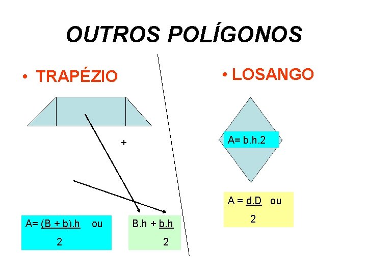 OUTROS POLÍGONOS • LOSANGO • TRAPÉZIO A= b. h. 2 + A = d.