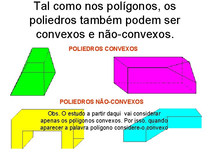 Tal como nos polígonos, os poliedros também podem ser convexos e não-convexos. POLIEDROS CONVEXOS