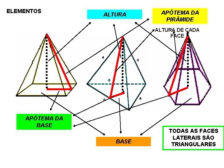 ELEMENTOS ALTURA APÓTEMA DA PIR MIDE ALTURA DE CADA FACE APÓTEMA DA BASE TODAS