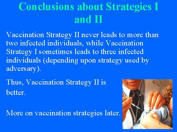 Conclusions about Strategies I and II Vaccination Strategy II never leads to more than