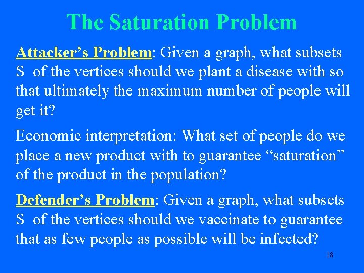 The Saturation Problem Attacker’s Problem: Given a graph, what subsets S of the vertices