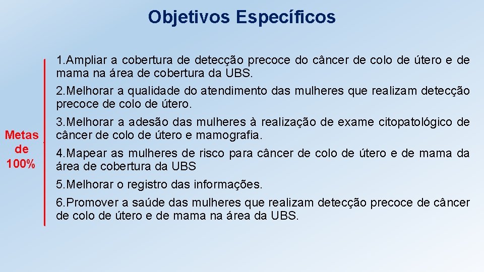 Objetivos Específicos Metas de 100% 1. Ampliar a cobertura de detecção precoce do câncer