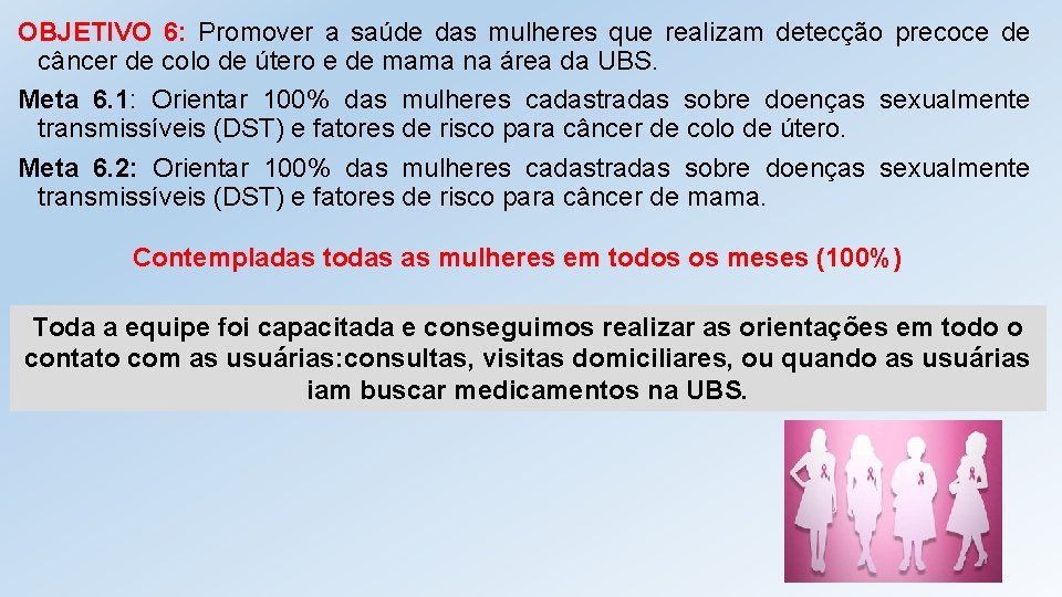 OBJETIVO 6: Promover a saúde das mulheres que realizam detecção precoce de câncer de