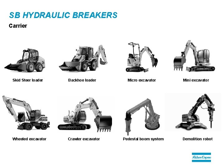 SB HYDRAULIC BREAKERS Carrier Skid Steer loader Backhoe loader Wheeled excavator Crawler excavator Micro