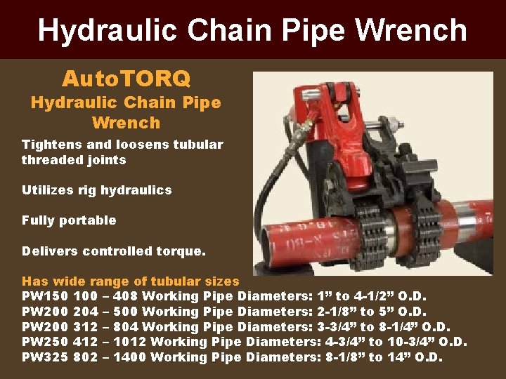 Hydraulic Chain Pipe Wrench Auto. TORQ Hydraulic Chain Pipe Wrench Tightens and loosens tubular