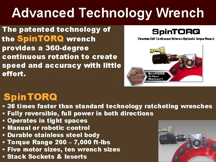 Advanced Technology Wrench The patented technology of the Spin. TORQ wrench provides a 360