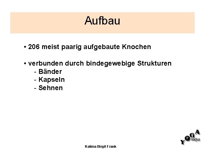 Aufbau • 206 meist paarig aufgebaute Knochen • verbunden durch bindegewebige Strukturen - Bänder Aufbau • 206 meist paarig aufgebaute Knochen • verbunden durch bindegewebige Strukturen - Bänder