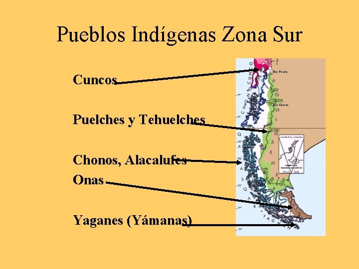 Pueblos Indígenas Zona Sur Cuncos Puelches y Tehuelches Chonos, Alacalufes Onas Yaganes (Yámanas) 