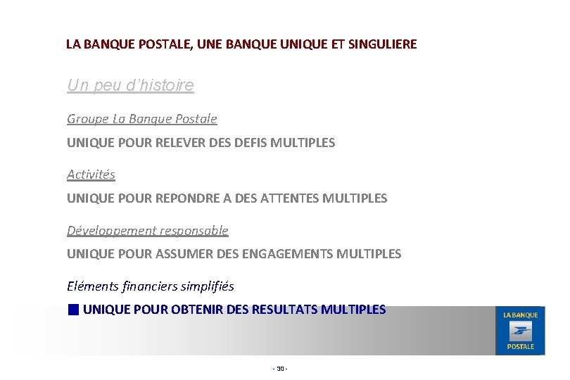 LA BANQUE POSTALE, UNE BANQUE UNIQUE ET SINGULIERE Un peu d’histoire Groupe La Banque