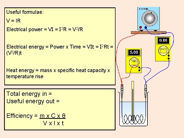 Useful formulae: V = IR Electrical power = VI = I 2 R =