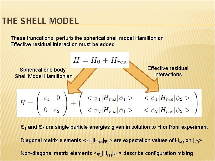 THE SHELL MODEL These truncations perturb the spherical shell model Hamiltonian Effective residual interaction THE SHELL MODEL These truncations perturb the spherical shell model Hamiltonian Effective residual interaction