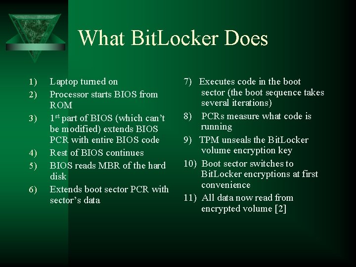 What Bit. Locker Does 1) 2) 3) 4) 5) 6) Laptop turned on Processor