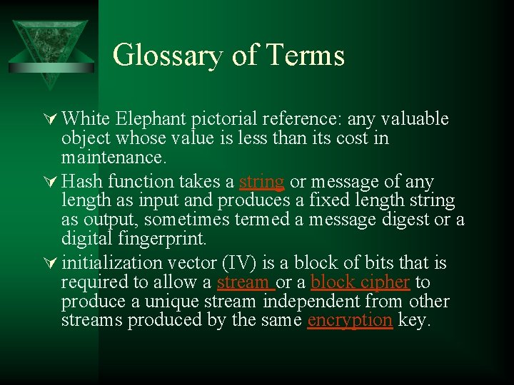 Glossary of Terms Ú White Elephant pictorial reference: any valuable object whose value is